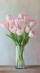 Fototapeta premium A bouquet of pink tulips sits in a tall, cylindrical glass vase on a wooden table against a light gray wall.