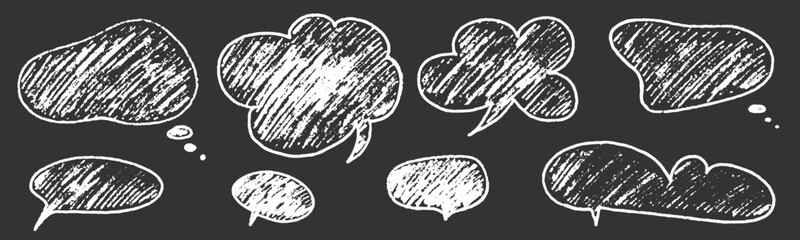 Crayon speech bubble set. Round, cloud and star frame for text. Chalk texture dialog balloon. Crayon bubble for talk and comic design. Vector illustration