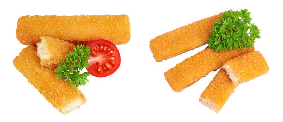 Fish finger or stick isolated on white background with full depth of field. Top view. Flat lay.