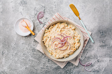 Homemade tuna and egg spread, fish rillettes with red onions
