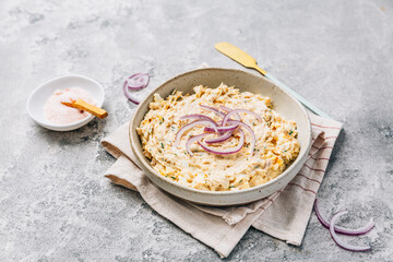 Homemade tuna and egg spread, fish rillettes with red onions