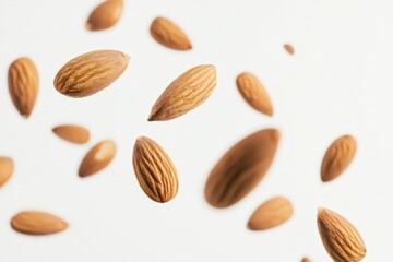 A collection of almonds floating against a light background.