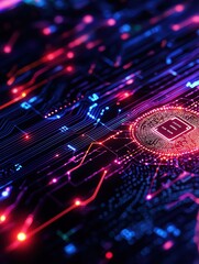 Fototapeta premium Abstract digital background featuring vibrant circuits and a glowing chip, representing technology, innovation, and connectivity.