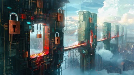 Fototapeta premium Futuristic Cityscape with Locked Towers.