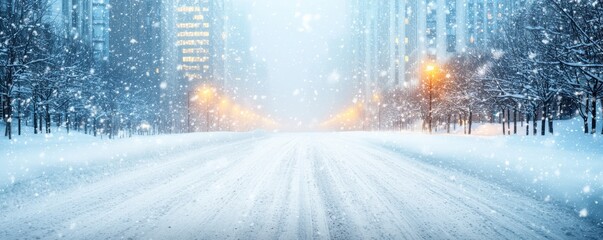 Naklejka premium Snowstorm in an urban setting, streets covered in snow, city lights glowing through the blizzard