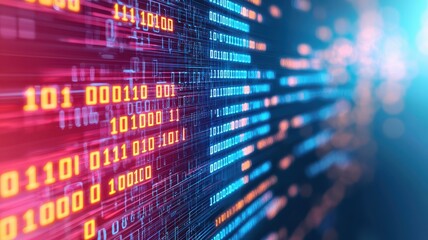 A vibrant representation of binary code flowing, symbolizing data processing and digital innovation in a technological environment.