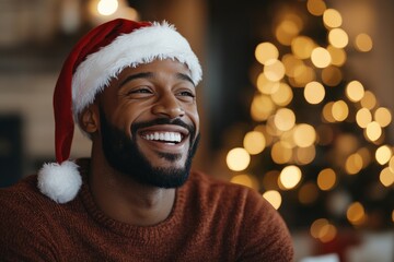 A smiling man wearing a Santa hat enjoys a cozy Christmas atmosphere, with a beautifully lit and decorated Christmas tree in the background, radiating joy and warmth.