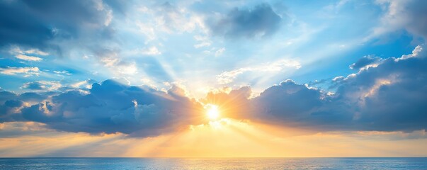 The sun breaking through clouds after a storm, copy space, renewed hope, dynamic, overlay, open ocean backdrop