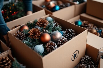 A cardboard box filled with festive Christmas decorations, including pinecones, ornaments, and greenery, ready for holiday season decor and celebrations.