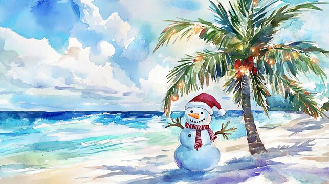 A watercolor painting of a Caribbean Christmas scene featuring a snowman under a lit palm tree. The tropical beach New Year postcard is rendered in a cartoon style