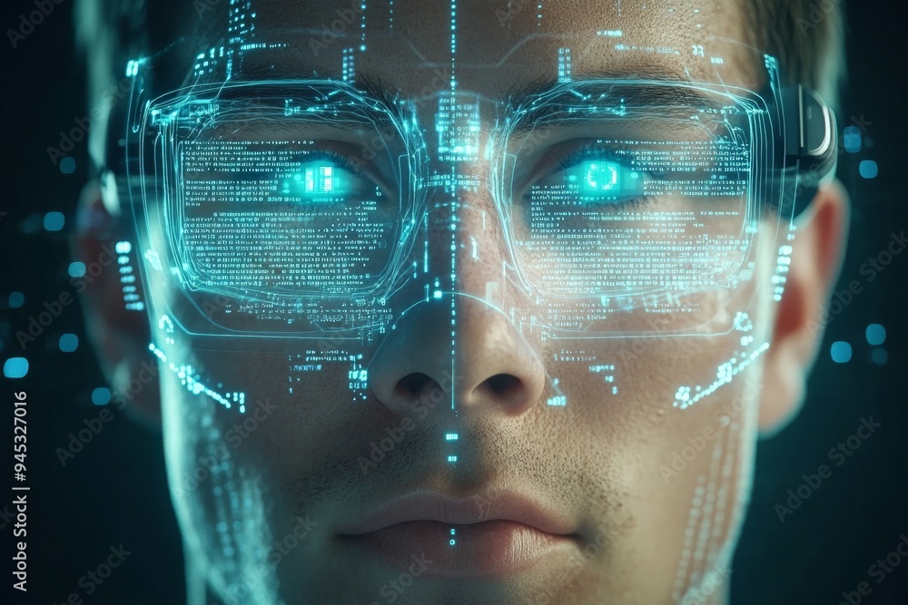 Poster close up of a mans face with transparent digital glasses showcasing the integration of augmented rea