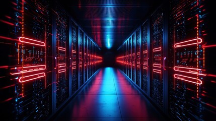 Fototapeta premium Futuristic data center corridor illuminated by vibrant red and blue lights, showcasing advanced technology and modern architecture.