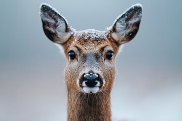 Obraz premium Close-up photo of a deer with frost on its fur, showcasing the beauty and serenity of winter wildlife, highlighting the calmness and pristine nature of the snowy environment.