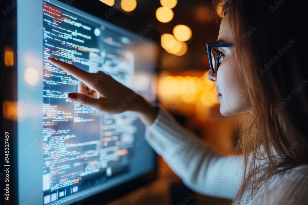 Poster a woman intently pointing at a code-filled computer screen, likely involved in programming or web de
