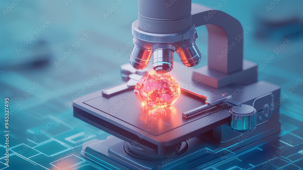 Poster close-up of a microscope analyzing a glowing particle, technology and science in a modern laboratory