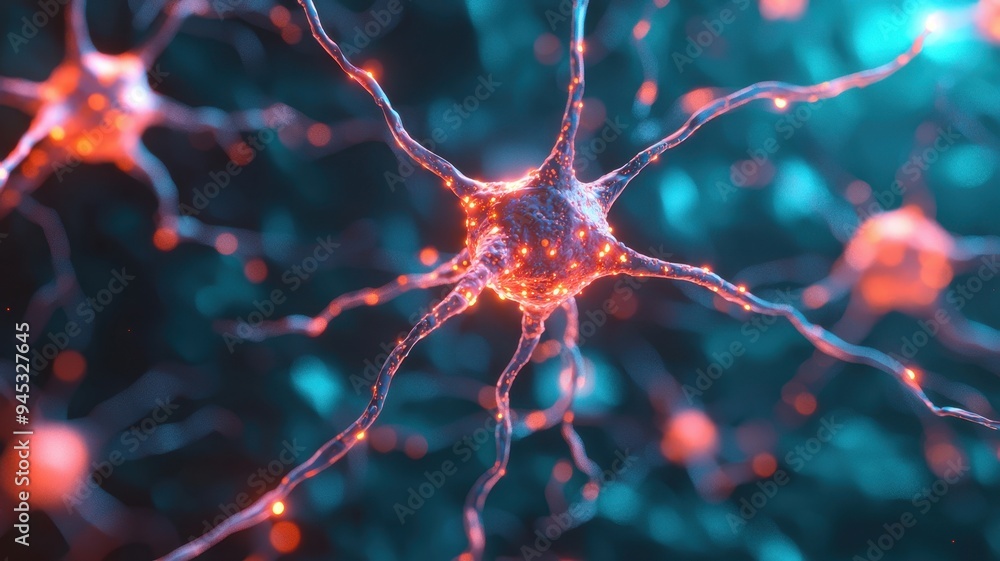 Aufkleber close-up of a neuron illuminated with vibrant colors, showcasing the intricate structure and connect