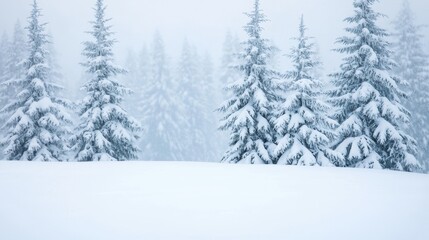 Naklejka premium Heavy snowfall in a pine forest, trees weighed down by the snow