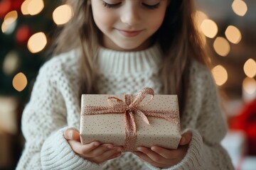 A young girl in a white sweater holds a dotted gift wrapped with a pretty pink bow, with glowing festive lights adding warmth to the backdrop.