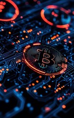 Stunning digital of a Bitcoin on a vibrant circuit board, symbolizing cryptocurrency's role in modern technology.
