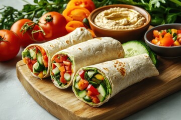 Fresh vegetable wraps served on a wooden board with hummus and salsa.
