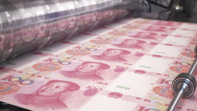 Printing money China yuan bills on a print machine in typography.. 3d video animation