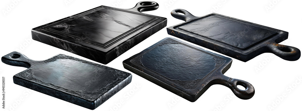 Poster collection of a group of empty black stone cutting boards with handle and copy space view in perspec