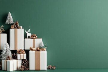 A festive arrangement of white gift boxes wrapped with brown ribbons, surrounded by pine cones and small Christmas trees against a green background.