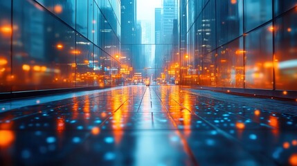 abstract cityscape of blurred office interiors with vibrant blue and orange color accents