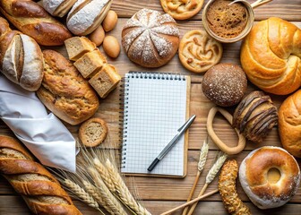 Freshly baked bread and pastries sit beside a gluten-free label and a doctor's notepad, symbolizing the dietary restrictions and medical considerations of gluten sensitivity.