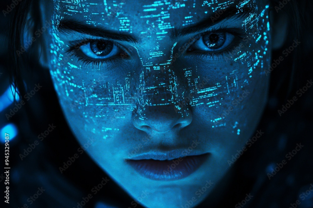 Poster close up of a womans face with digital code mapping symbolizing the fusion of humanity and technolog