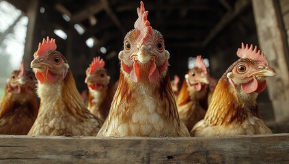 Fototapeta premium A group of chickens stand in front of a wooden structure.