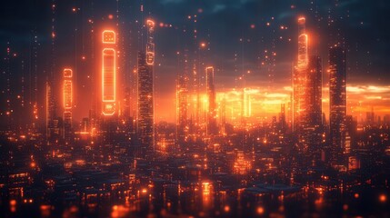 abstract digital landscape of interconnected nodes and data streams glowing 5g symbols float above a stylized cityscape with translucent layers representing cloud computing and iot