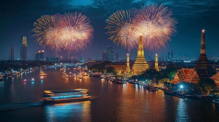 A vibrant night scene of fireworks over a river with city skyline and historical temples.