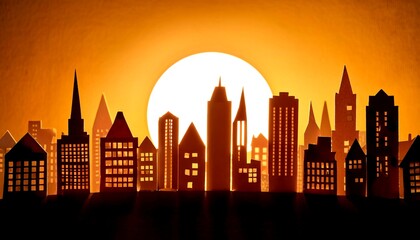 Paper cut-out silhouettes creating cityscape, style urban art photography, mood dynamic, background. 3
