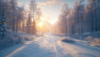Obraz premium In the Heart of Winter: The Quiet Elegance of Snow-Covered Trees Against a Backdrop of Frosty Hills and Blue Skies