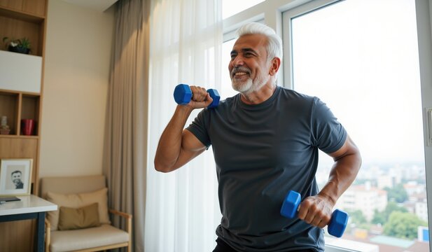 Healthy Lifestyle of Senior Indian Man Exercising with Blue Dumbbells