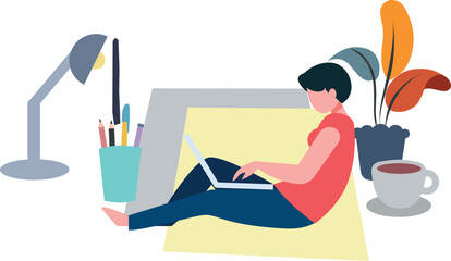 The boy is working on the laptop.