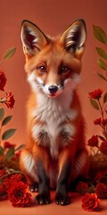 Fototapeta premium Adorable Fox Surrounded by Vibrant Autumn Flowers on Warm Background