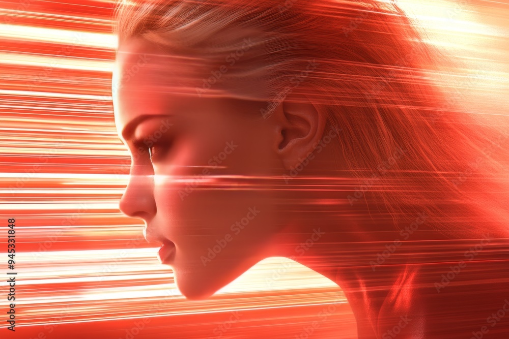 Poster profile of a woman merging with speeding digital data streams symbolizing the rapid evolution of tec