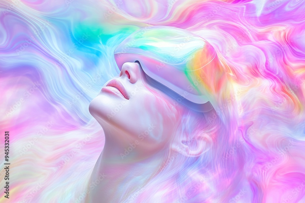Poster abstract visual representation of a womans face with psychedelic colors merging the concepts of huma