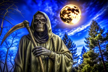 Obraz premium Grim Reaper Under Mysterious Moonlit Sky in Enigmatic Forest Setting
