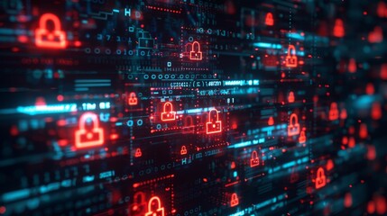 Urgent data breach alert  high tech virtual screen with warning icons and glowing code fragments