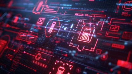 High tech virtual screen showcasing urgent data breach warnings with glowing code fragments