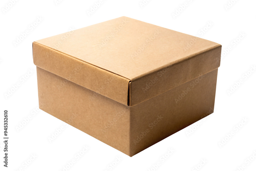 Poster a plain, closed cardboard box with a lid, positioned at an angle. the brown texture and sharp edges 