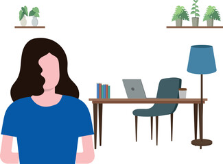 The girl is standing by the work table.