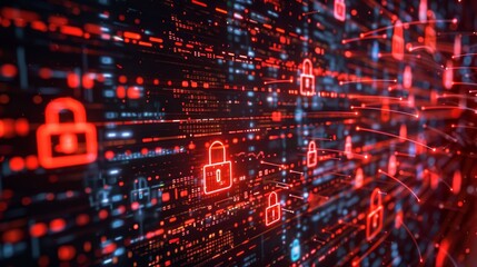 Ominous red data breach symbols flash on a virtual screen with code on a sleek dark backdrop.