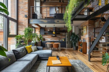 A stylish living room with a modern loft design featuring exposed brick walls and large windows