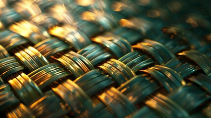 Fototapeta premium Interlocking 3D weave threads, tweed thread, fresh teal and gold background, woven patterns and soft shadows.