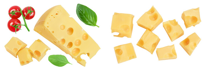 piece of cheese isolated on white background . Top view. Flat lay