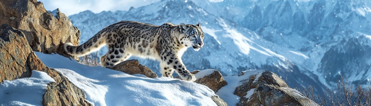 A snow leopard traverses rocky terrain in a snowy mountainous landscape.